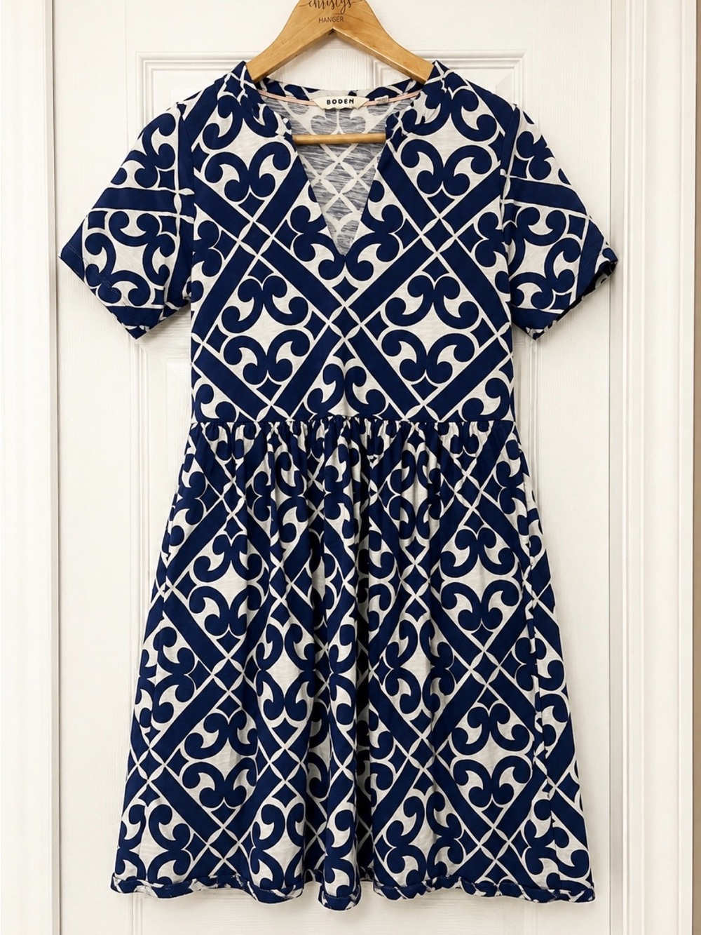 Boden Navy Blue White Geometric Print Fit & Flare Dress Size 6